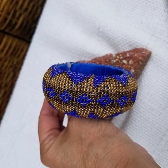 Beaded  blue‎ / gold Tribal bangle New - Picture 3 of 7